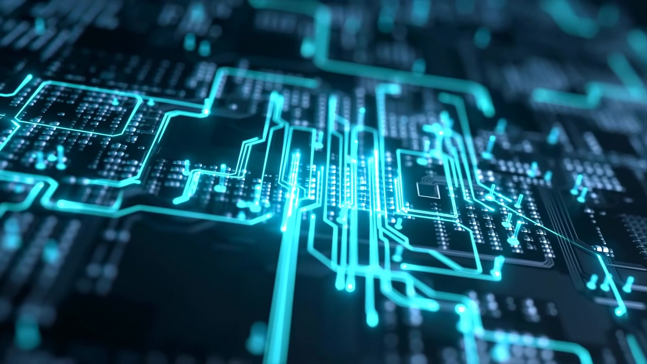 Extreme close-up of matte black printed circuit board with surface mount components, solder pads, raised traces, and cyan light increasing across pathways, suggesting digital energy and precision