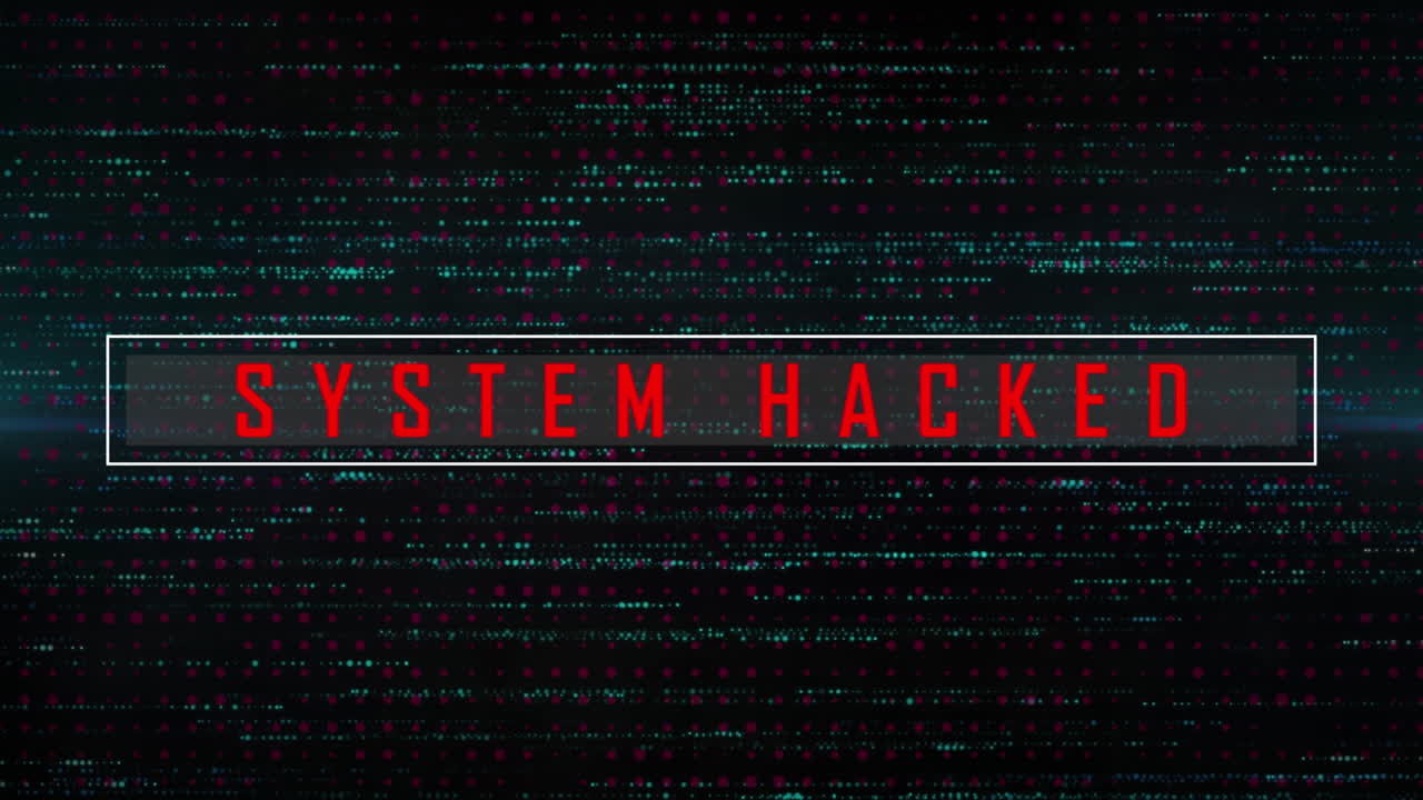 Animation of data processing and system hacked text on black background
