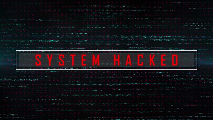 Animazione di elaborazione dati e testo 'sistema hackerato' su sfondo nero.