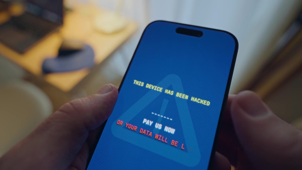 Close up on phone with message alert of ransom request from hacker group taking control over device from remote location. Spy or hacker seizing and locking private data and info for money extortion