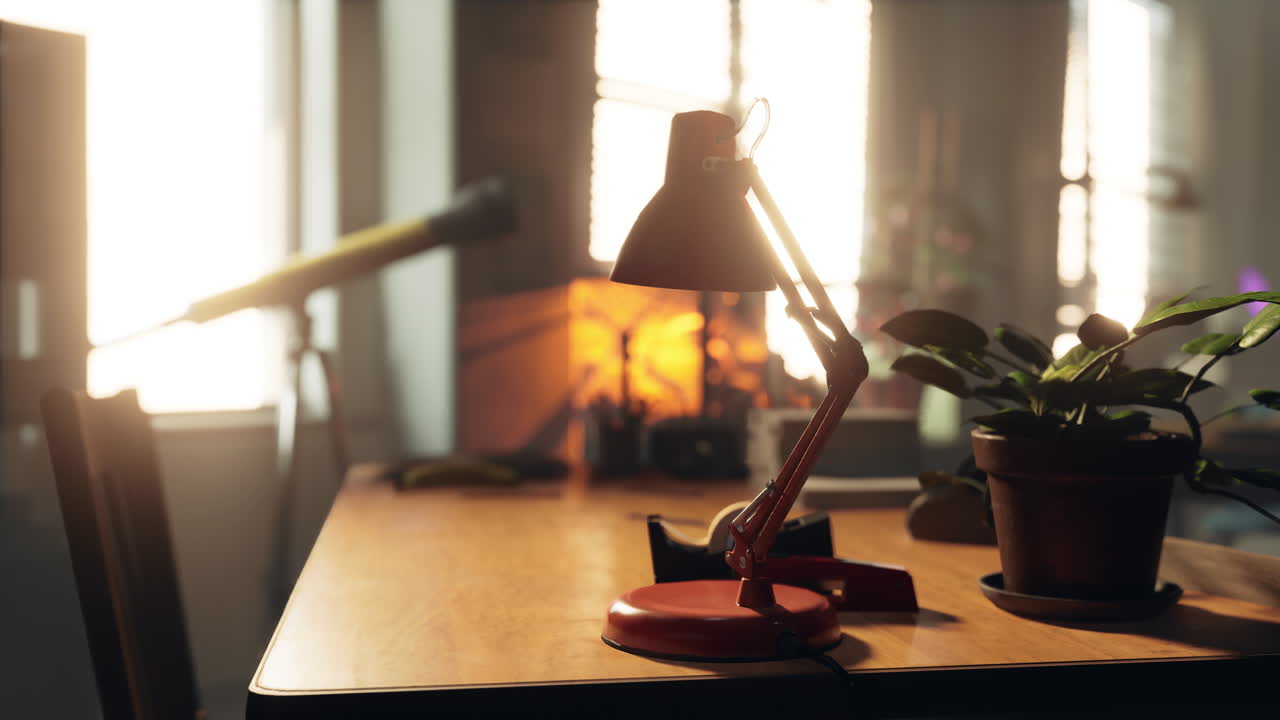 식물 이 있는 나무 책상 에 있는 빨간색 책상 램프