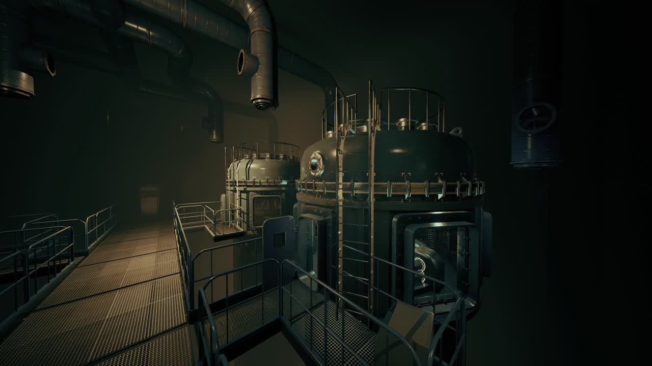 Industrial facility with large tanks and pipes in a dimly lit environment