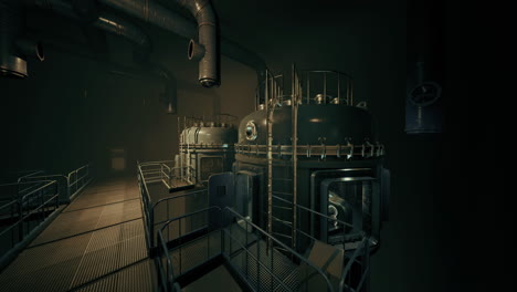 industrial facility with large tanks and pipes in a dimly lit environment
