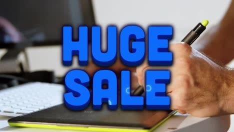 animation of huge sale text, circular pattern, cropped hands of caucasian man using graphics tablet