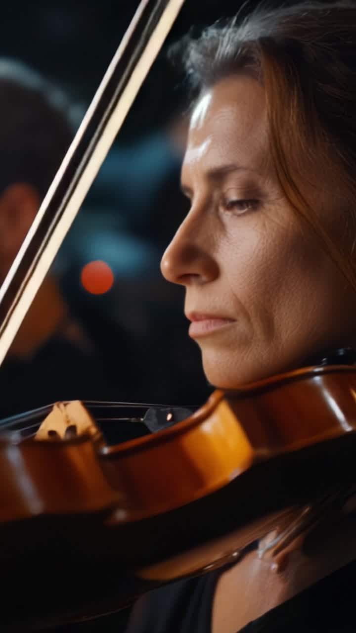 Um músico apaixonado profundamente focado em tocar violino, destacando a arte e a emoção da performance ao vivo em uma atmosfera musical cativante