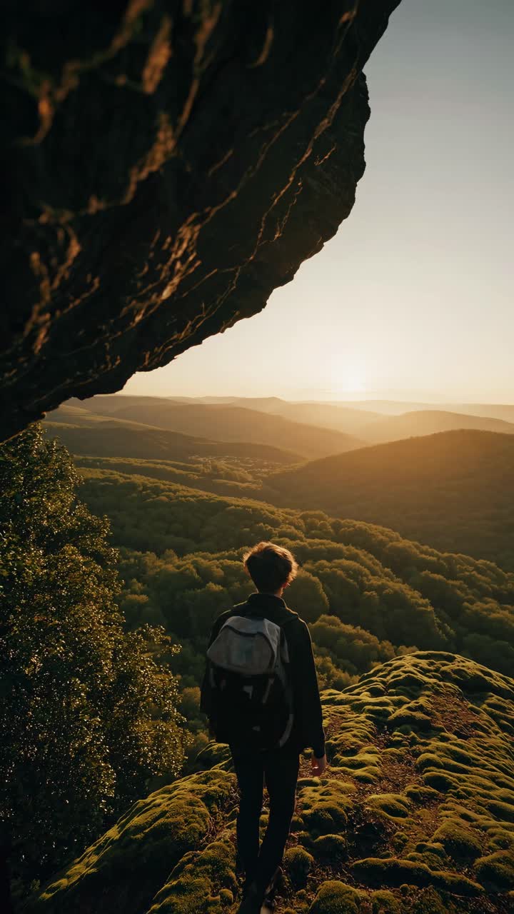 A traveler with a backpack stands on a mossy cliff at sunset, captured from a low angle