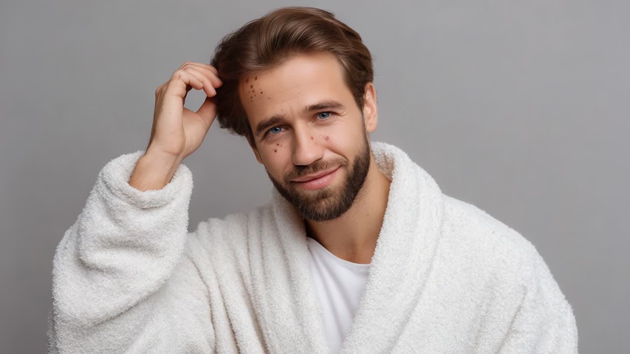 A man confidently showcases his charming smile while dressed in a cozy white robe, emanating warmth and approachability against a simple gray backdrop