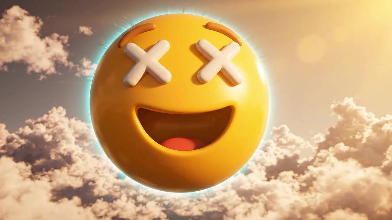 Um personagem emoji alegre com olhos cruzados aparece em um céu dourado, irradiando positividade em meio a nuvens suaves, incorporando emoções lúdicas e alegria surreal