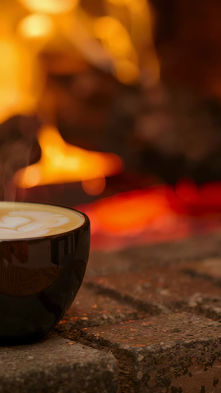 Vertical video: Showing cup with latte art reflecting glow on hearth from fire flicker, copy space