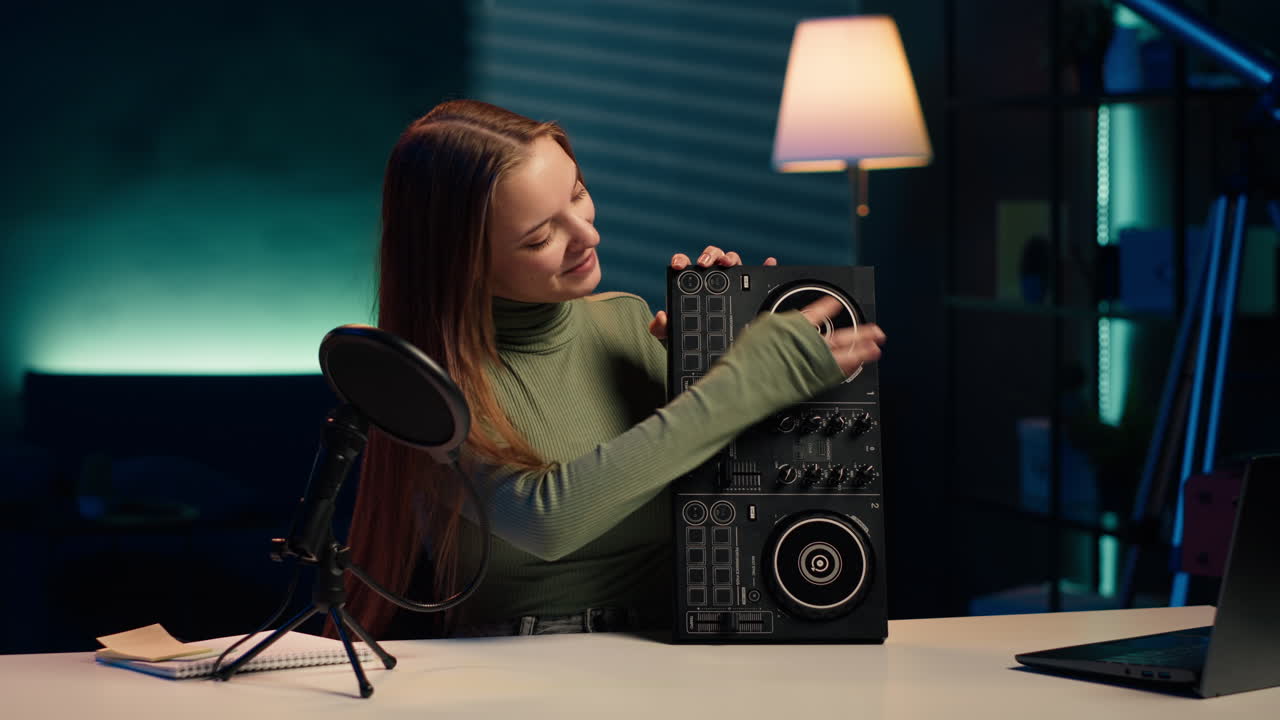 Ragazza allegra che mixa su giradischi da DJ, realizzando un tutorial di produzione musicale