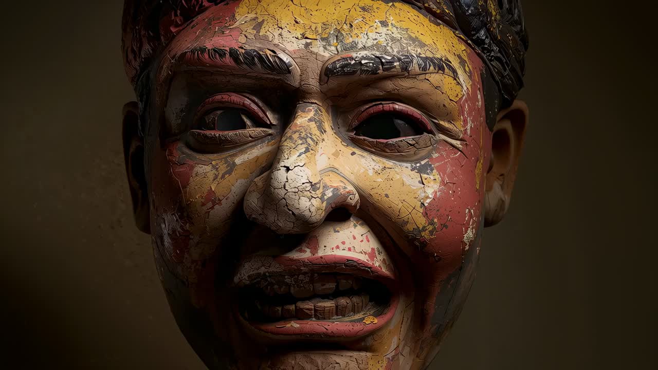 Angle shift causing panning camera revealing painted carved head in studio, exposing flaking paint