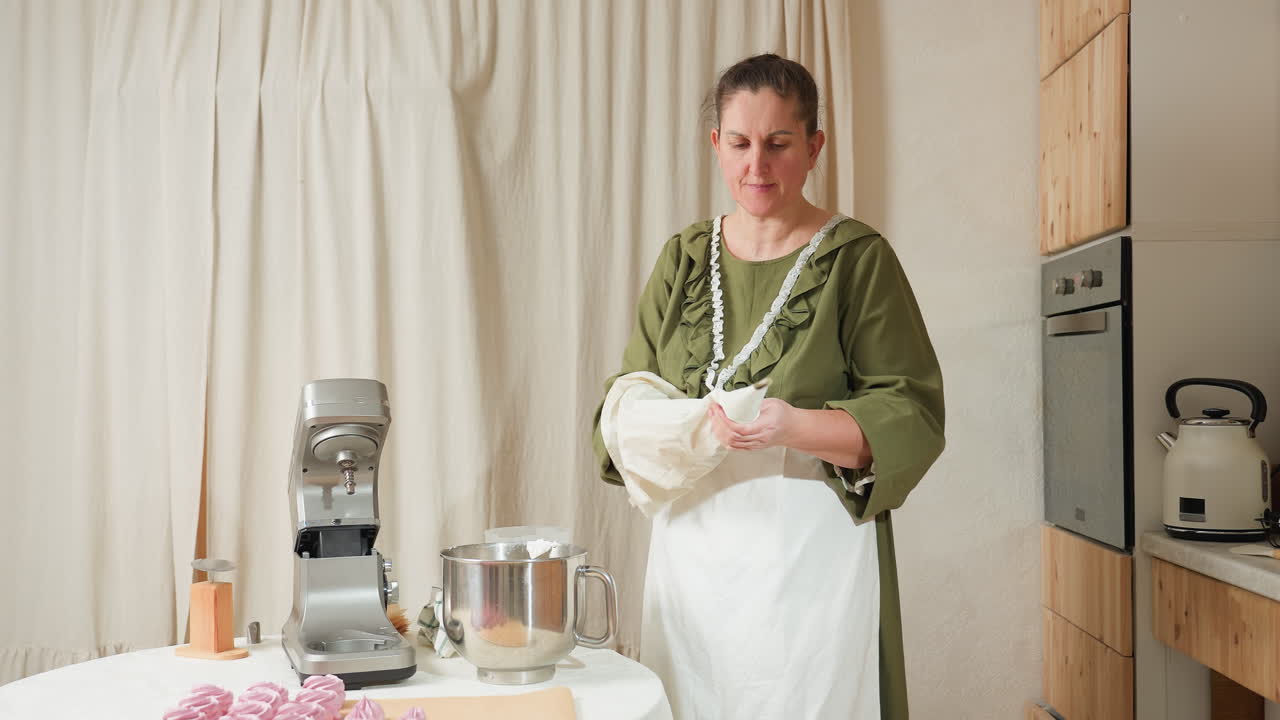 Baker in green dress and apron fills piping bag with batter or frosting, preparing for decorative baking process in cozy home kitchen setup with mixer, metal bowl, and piping tools on table