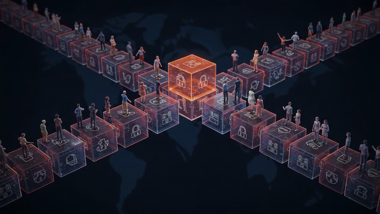 A Visual Representation of Connectivity and Security: Exploring a Network of Digital Blocks with Figures Representing People Interacting on a Global Scale