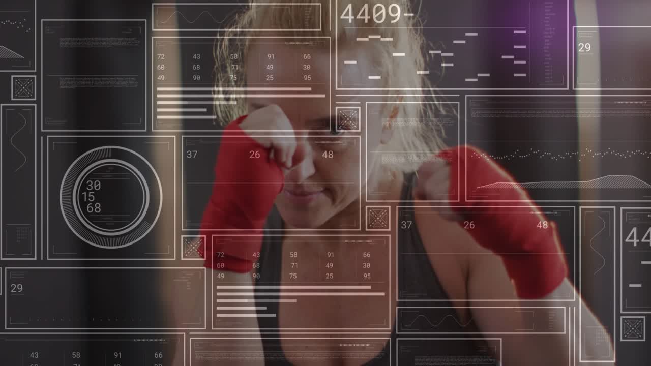 Female athlete raising hands and starting drill, throwing jabs and crosses while HUD tracking data