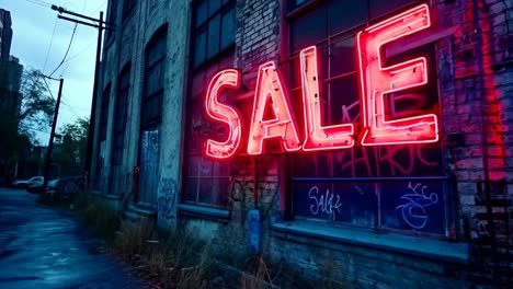 a neon sign on the side of a building that says sale