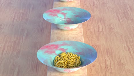 3d animation loop of yellow spaghetti falling on colorful plates on wood restaurant