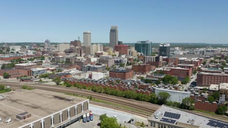 establishing shot of downtown omaha, nebraska on beautiful summer day