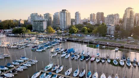 aerial dolly in of sailboats parked inline in olivos port and buildings in background at sunset, buenos aires