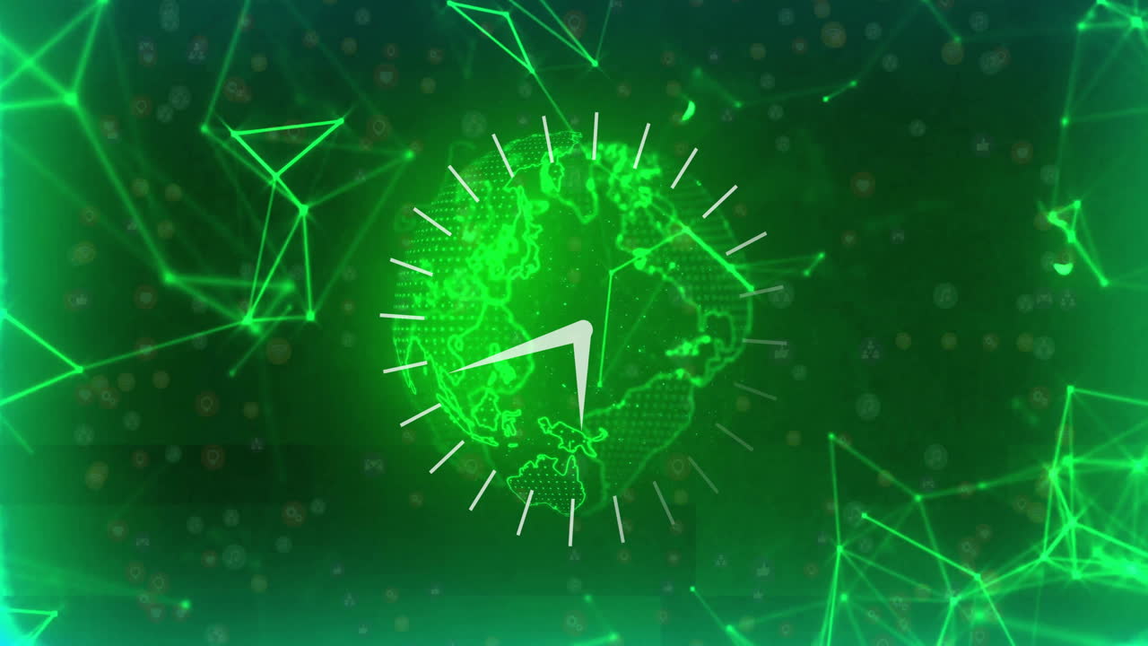 animación de reloj en movimiento sobre el globo y red de conexiones en fondo negro
