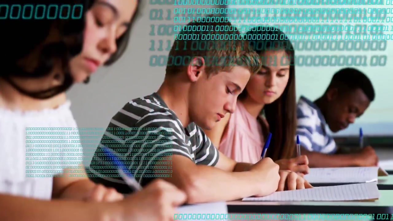 Camera rising nudging pupils writing notes in class teal binary digits scrolling and hiding faces