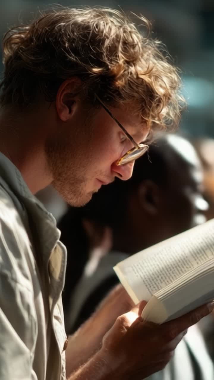 A focused individual immersed in reading a book, surrounded by a blurred crowd, illuminated by soft natural light, showcasing concentration and curiosity in a serene moment