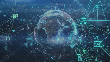 animation of media network and connections over rotating globe on dark background