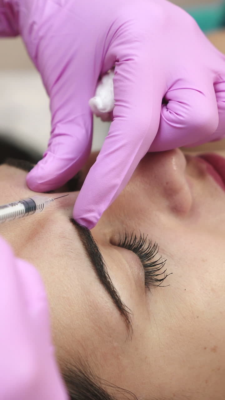 Receiving mesotherapy procedure, cosmetology. Beautician doing injection against aging for woman. Skincare concept. Vertical video