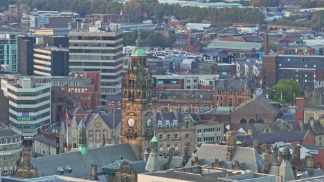 aerial view of sheffield city with old cathedral in old town during sunny day - panorama wide shot