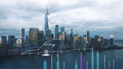 stock market charts and crypto currency icons on ny city background - 3d graphics