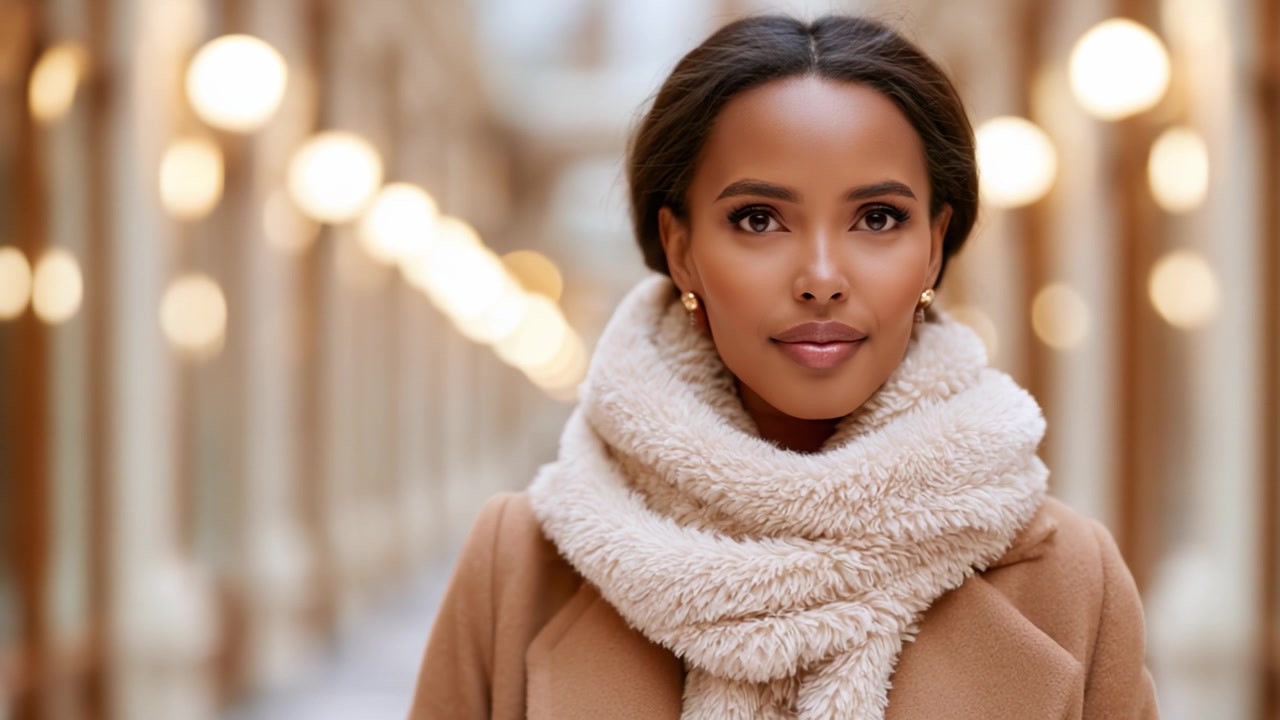 Un ritratto accattivante di una donna con un cappotto elegante e una sciarpa accogliente, ambientato su uno sfondo elegante con illuminazione calda, che irradia sicurezza e grazia