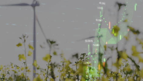 wind turbines and green financial data animation over landscape with plants