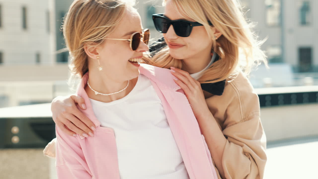 두 명의 행복한 친구들이 함께 시간을 즐기고 있습니다.