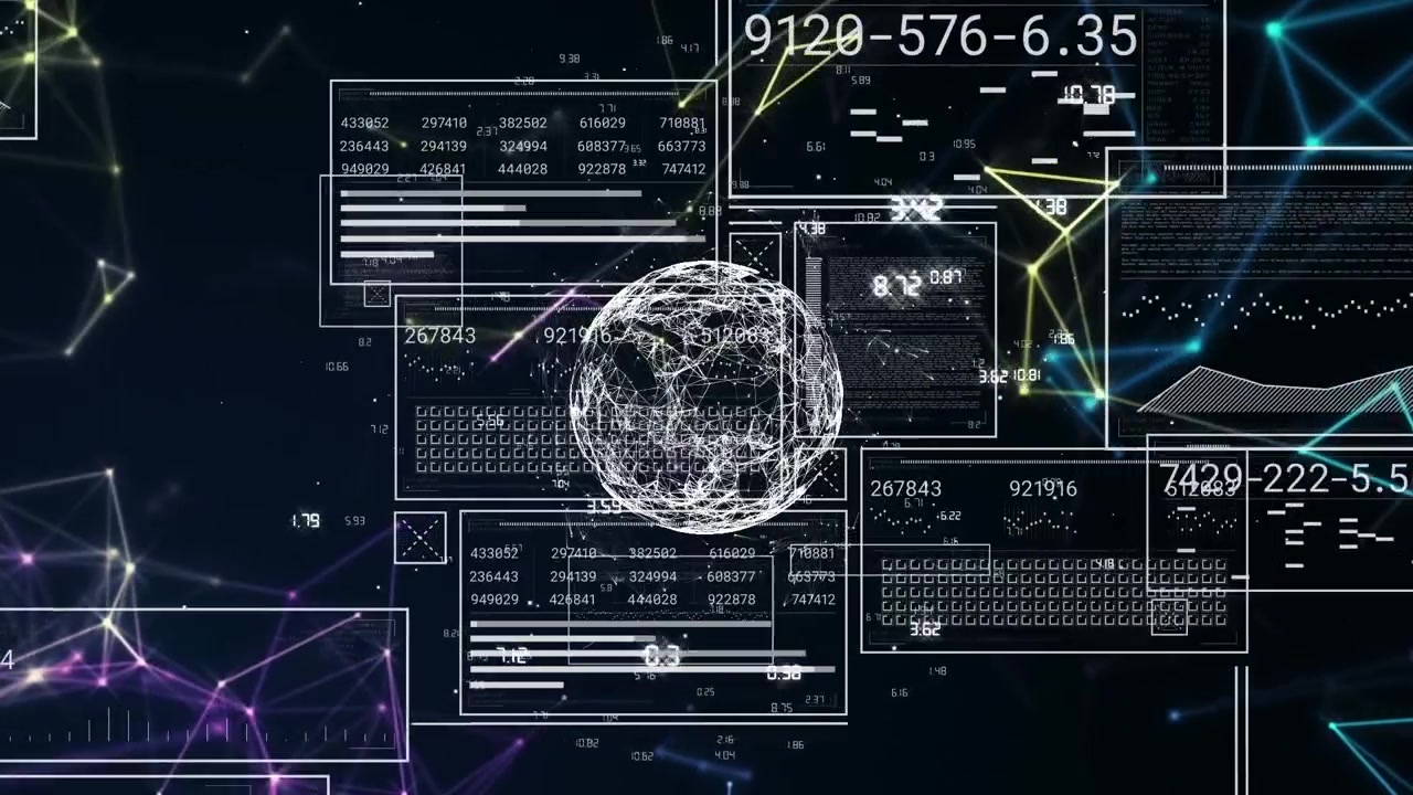Animation of data processing over globe of network of connections against glowing plexus networks