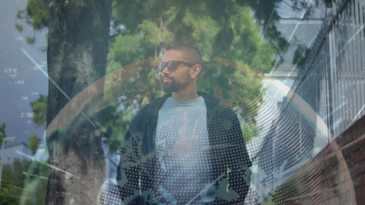 Man walking, pausing with hands in pockets, causing dotted globe HUD overlay intensifying for tech