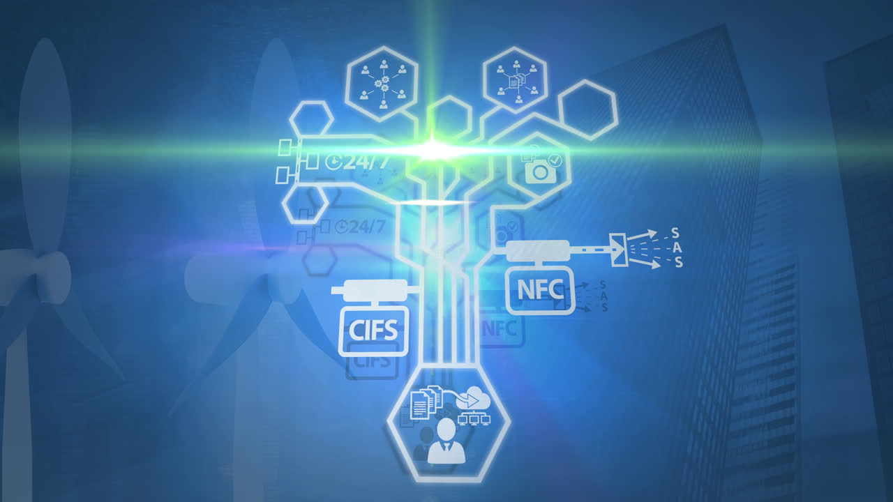 animación de iconos de negocios sobre el paisaje urbano