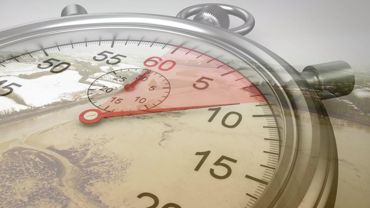 Stopwatch starting on start, red hand rotating clockwise while wedge expanding marking elapsed time