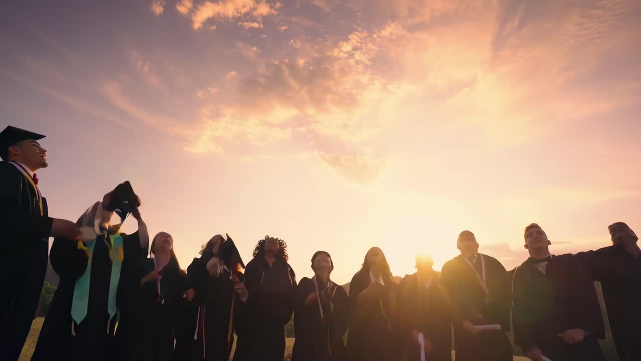 Plano de baixo de formandos jogando seus chapéus ao pôr do sol, capturando um momento de vídeo de celebração