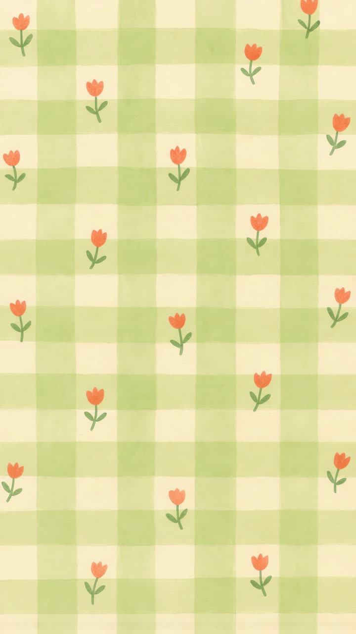Top-down billede af et legende blomstermønster med orange tulipaner på en grøn ternet baggrund