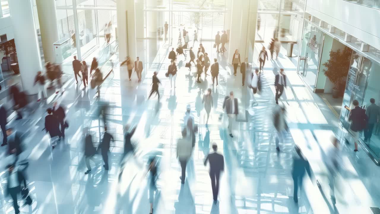 Blurred motion of people in a bright, modern atrium. High-angle shot creates a dynamic