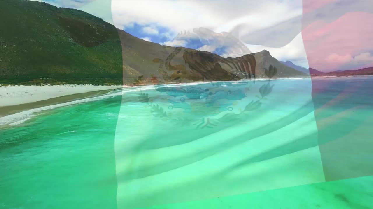 composición digital de la bandera mexicana ondeando contra la vista aérea de las olas en el mar