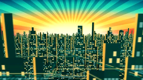 aerial view of city skyscrapers silhouette with glowing windows in the background of the shining sky, seamless loop, alpha matte