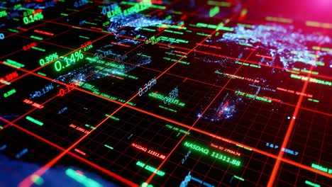 camera movement through 3d space with a world map and stock indexes. digital animation of stock market price changes. animation loop 4k