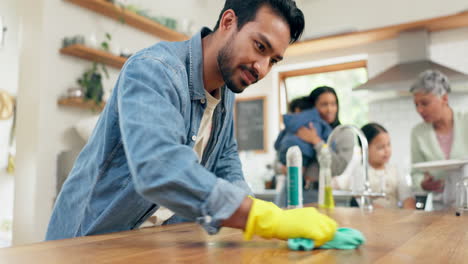 family, cleaning and man in a kitchen with cloth