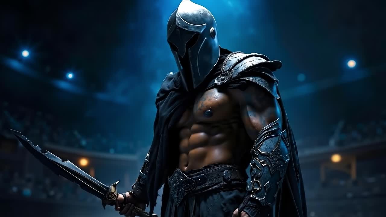 A man in armor holding a sword in front of a crowd