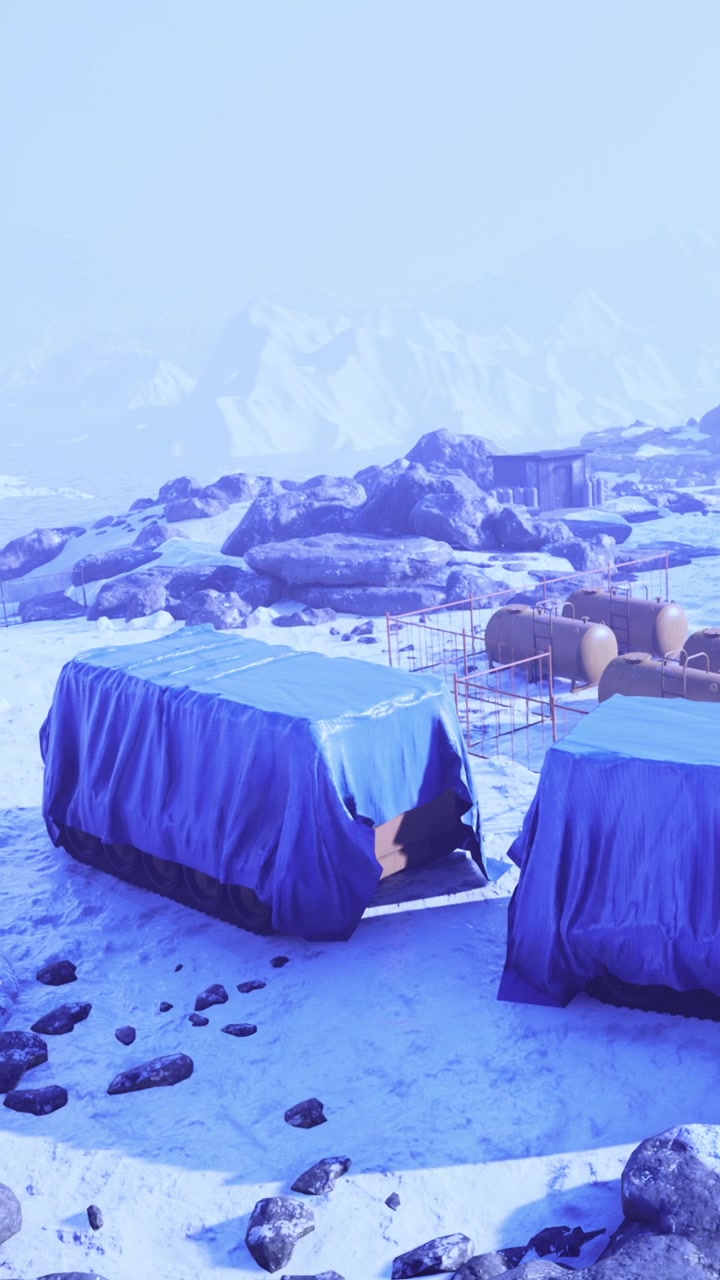 Winter scene with tents and equipment in snowy mountain area