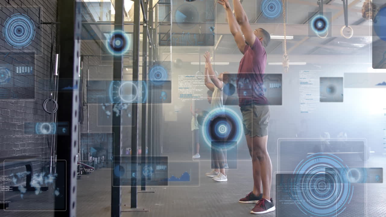People exercising in gym with digital fitness data overlay animation