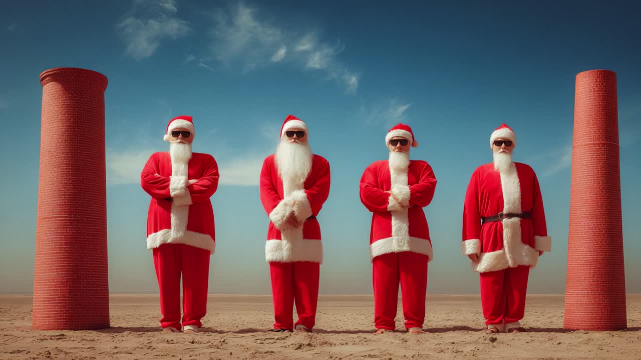A Festive Gathering of Santas: Four Cheery Characters in Matching Red Suits Stand Against a Vast Desert Backdrop, Showcasing Their Unique Styles and Playful Attitudes While Enjoying the Sunny Day