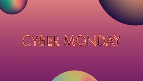 Animation-Von-Cyber-Monday-Text-In-Brennenden-Buchstaben-über-Kugeln-Auf-Rosa-Bis-Violettem-Hintergrund