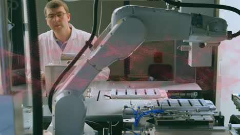 animación de una cadena de adn girando sobre un científico masculino con un robot y una tableta