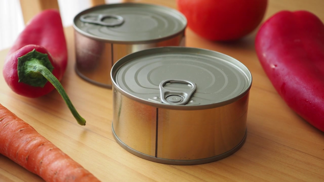 Dos latas de metal rodeadas de verduras frescas sobre una mesa de madera